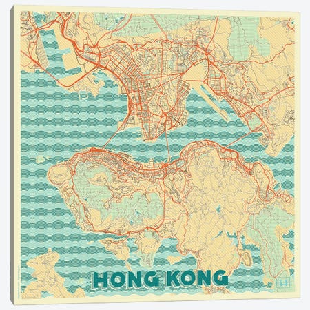 Hong Kong Retro Urban Blueprint Map Canvas Print #HUR142} by Hubert Roguski Art Print