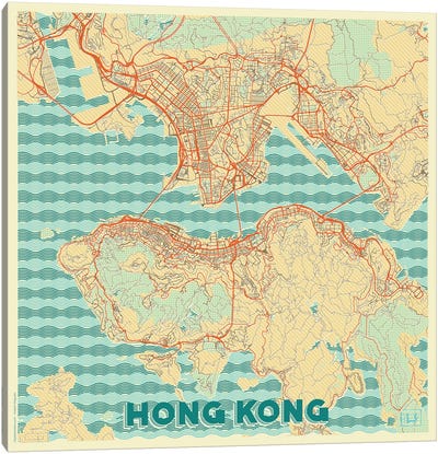 Hong Kong Retro Urban Blueprint Map Canvas Art Print - Hubert Roguski