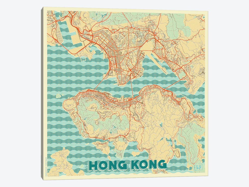 Hong Kong Retro Urban Blueprint Map by Hubert Roguski 1-piece Canvas Art Print