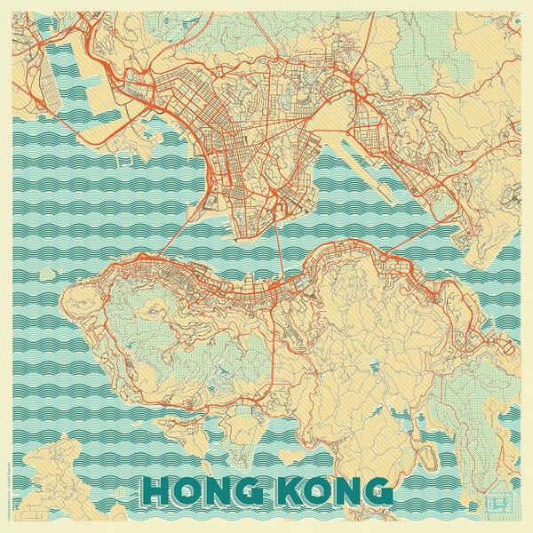 China: Hong Kong Retro Urban Blueprint Map by Hubert Roguski