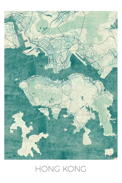 Hong Kong Vintage Blue Watercolor Urban Blueprint Map