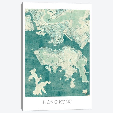 Hong Kong Vintage Blue Watercolor Urban Blueprint Map Canvas Print #HUR143} by Hubert Roguski Canvas Art Print