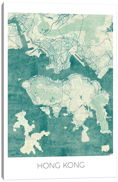 Hong Kong Vintage Blue Watercolor Urban Blueprint Map Canvas Art Print - Hong Kong Art