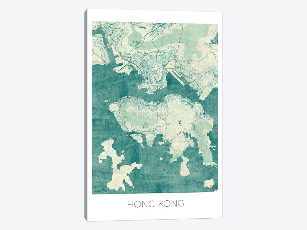 Hong Kong Vintage Blue Watercolor Urban Blueprint Map by Hubert Roguski 1-piece Canvas Art