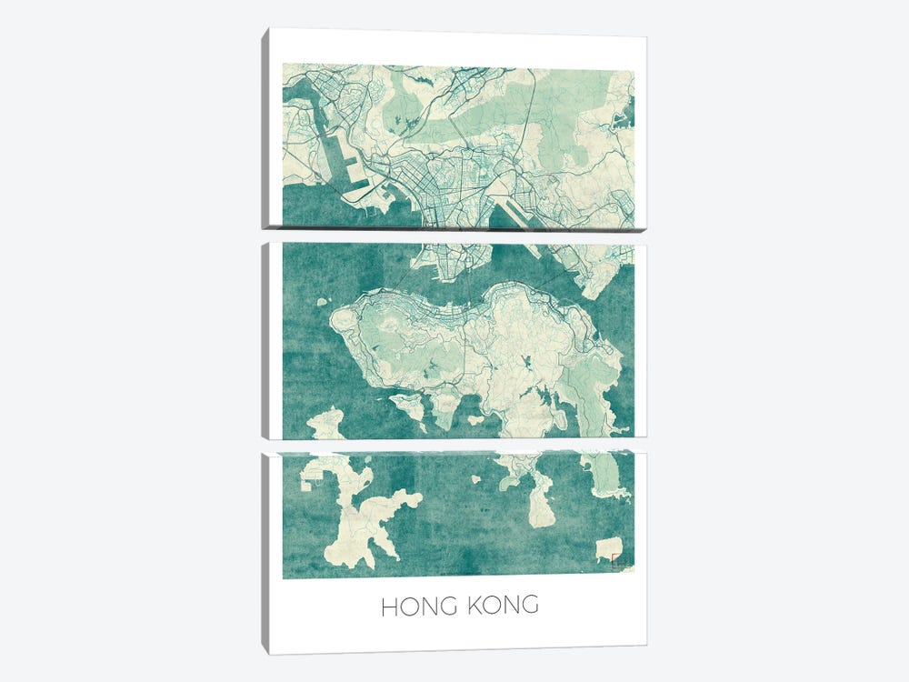 Hong Kong Vintage Blue Watercolor Urban Blueprint Map by Hubert Roguski 3-piece Canvas Art