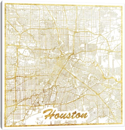 Houston Gold Leaf Urban Blueprint Map Canvas Art Print - Houston Maps