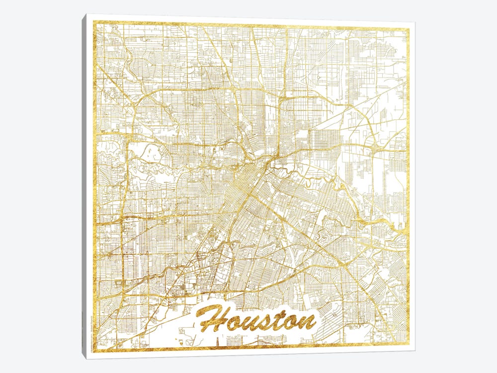 Houston Gold Leaf Urban Blueprint Map by Hubert Roguski 1-piece Canvas Art Print