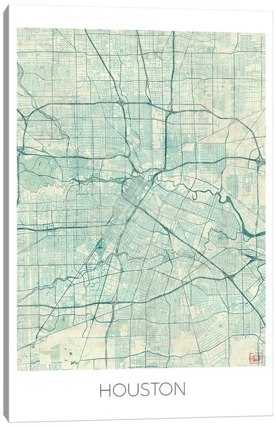 Houston Vintage Blue Watercolor Urban Blueprint Map Canvas Art Print - Houston Art