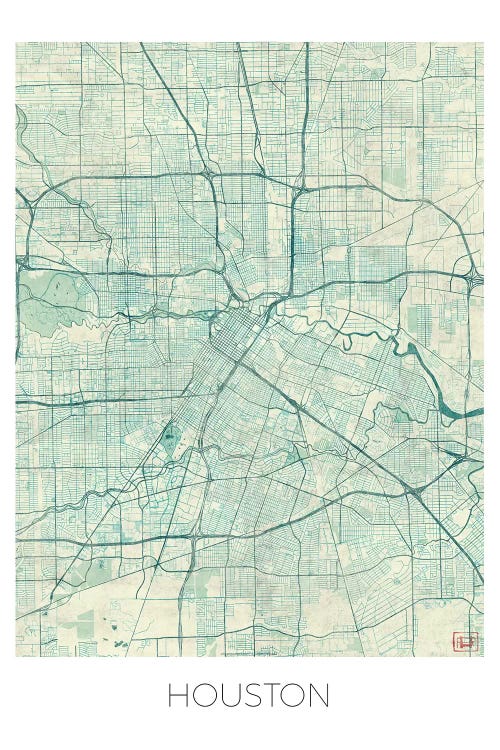 Houston Vintage Blue Watercolor Urban Blueprint Map