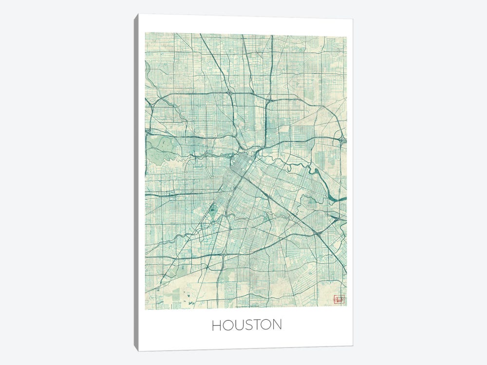 Houston Vintage Blue Watercolor Urban Blueprint Map by Hubert Roguski 1-piece Art Print