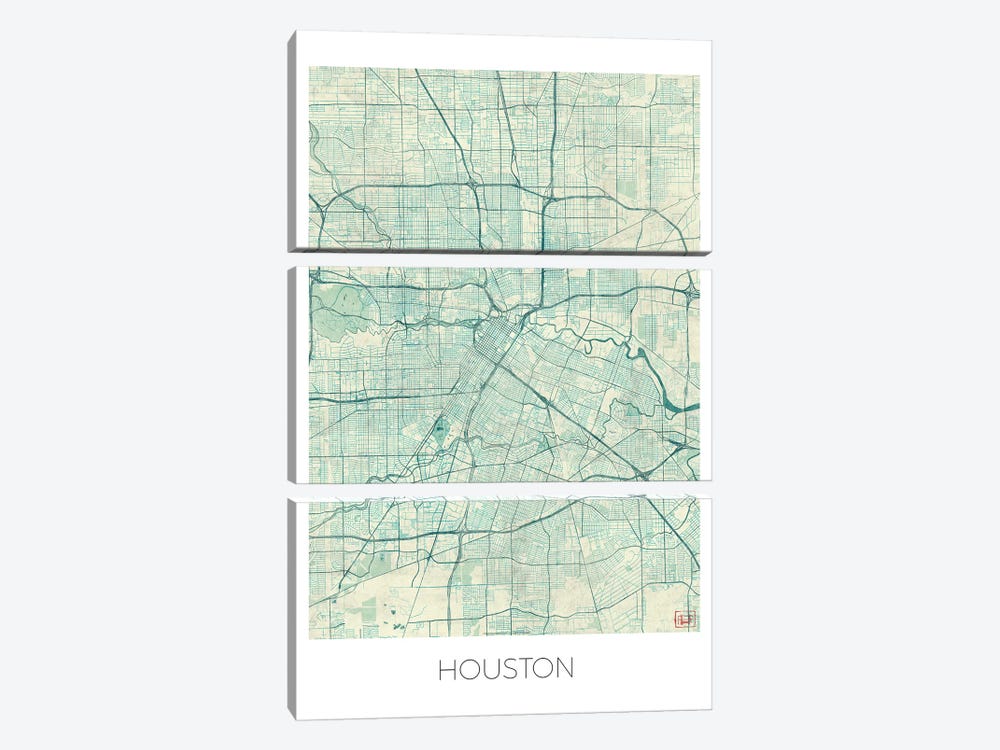 Houston Vintage Blue Watercolor Urban Blueprint Map by Hubert Roguski 3-piece Canvas Art Print