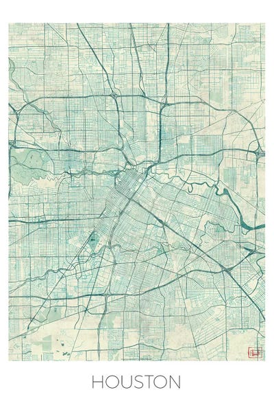Large Map Art - Canvas Prints: Houston Vintage Blue Watercolor Urban Blueprint Map by Hubert Roguski