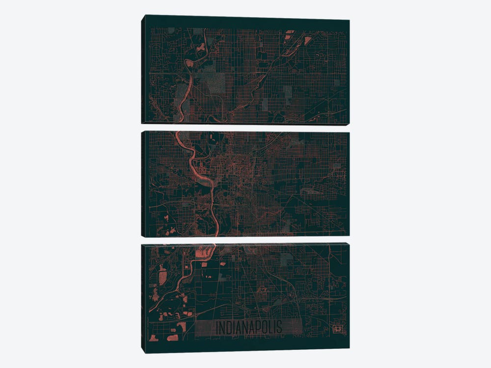 Indianapolis Infrared Urban Blueprint Map by Hubert Roguski 3-piece Canvas Art