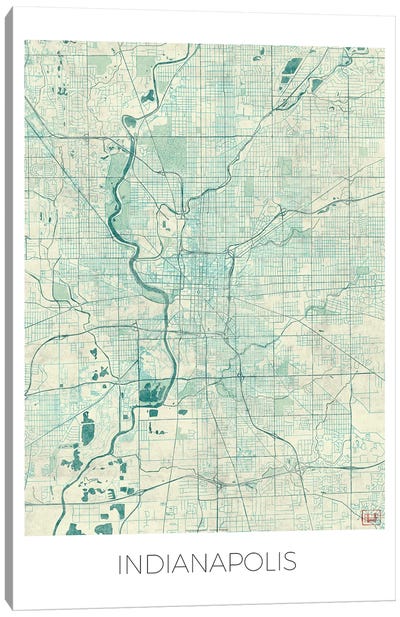 Indianapolis Vintage Blue Watercolor Urban Blueprint Map Canvas Art Print - Indianapolis
