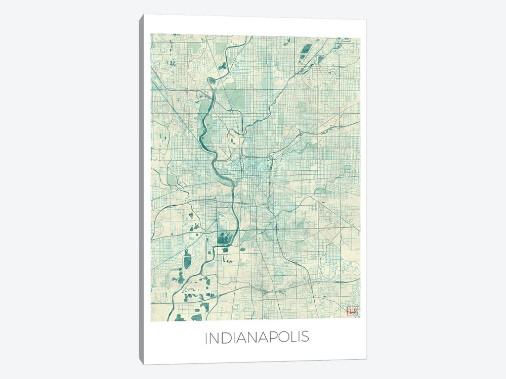 Indianapolis Vintage Blue Watercolor Urban Blueprint Map by Hubert Roguski 1-piece Canvas Artwork