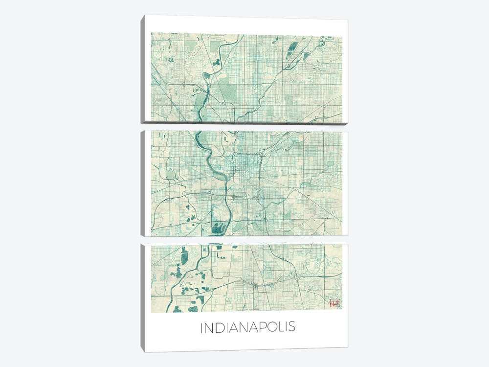 Indianapolis Vintage Blue Watercolor Urban Blueprint Map 3-piece Canvas Art