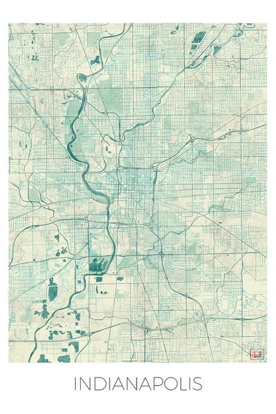 Hubert Roguski: Indianapolis Vintage Blue Watercolor Urban Blueprint Map by Hubert Roguski