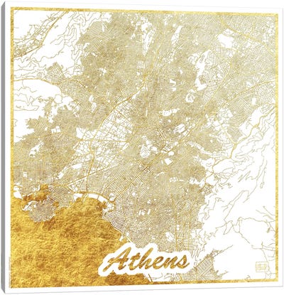 Athens Gold Leaf Urban Blueprint Map Canvas Art Print - Black, White & Gold Art