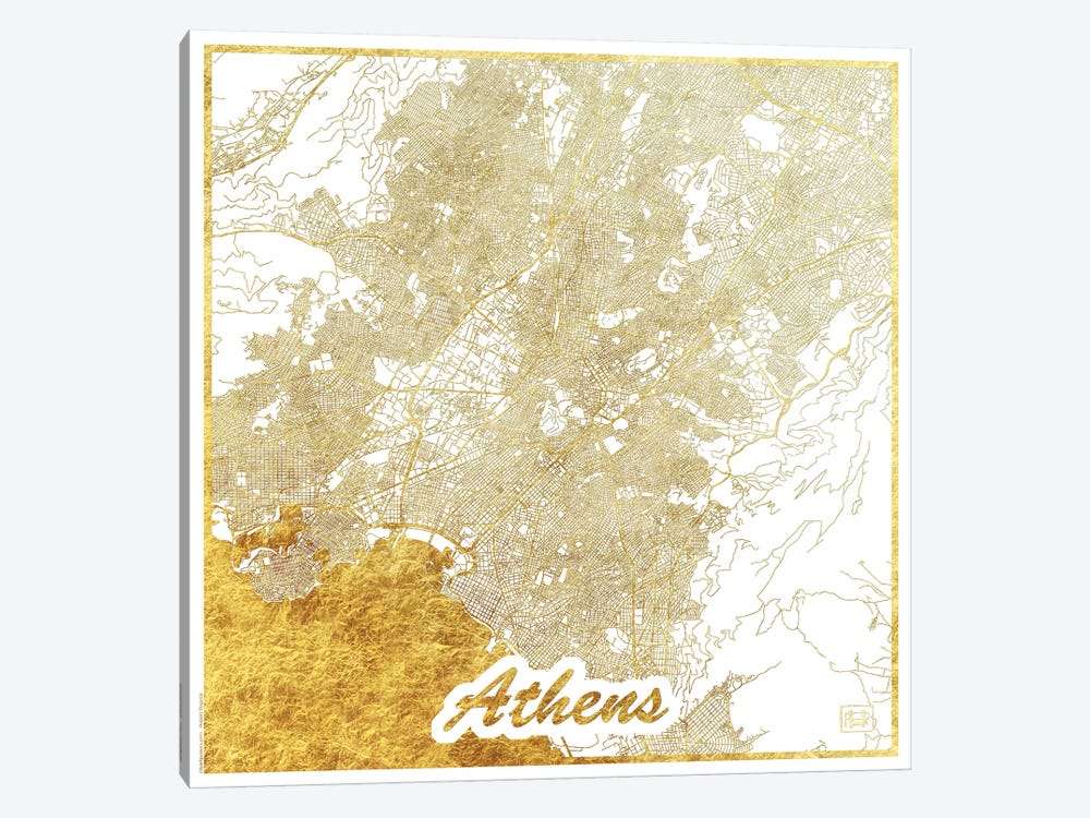 Athens Gold Leaf Urban Blueprint Map by Hubert Roguski 1-piece Canvas Art