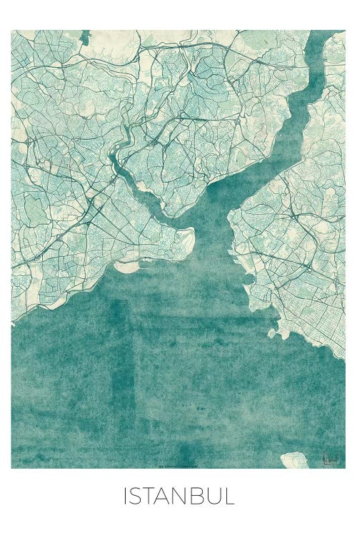 Istanbul Vintage Blue Watercolor Urban Blueprint Map