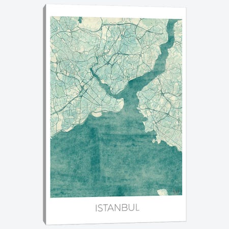 Istanbul Vintage Blue Watercolor Urban Blueprint Map Canvas Print #HUR162} by Hubert Roguski Canvas Print