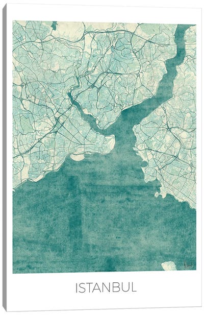 Istanbul Vintage Blue Watercolor Urban Blueprint Map Canvas Art Print - Turkey Art