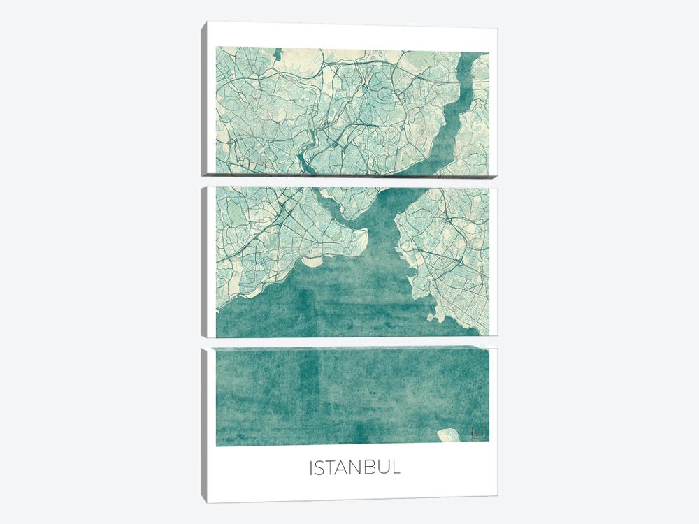 Istanbul Vintage Blue Watercolor Urban Blueprint Map by Hubert Roguski 3-piece Art Print
