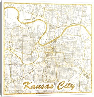 Kansas City Gold Leaf Urban Blueprint Map Canvas Art Print - Black, White & Gold Art