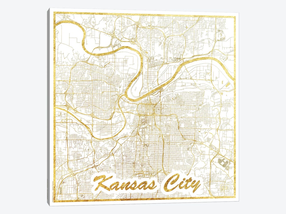 Kansas City Gold Leaf Urban Blueprint Map by Hubert Roguski 1-piece Canvas Art