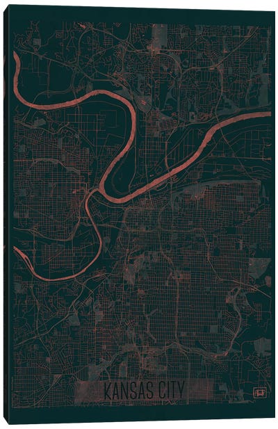 Kansas City Infrared Urban Blueprint Map Canvas Art Print - Hubert Roguski