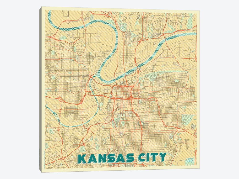Kansas City Retro Urban Blueprint Map by Hubert Roguski 1-piece Canvas Art Print