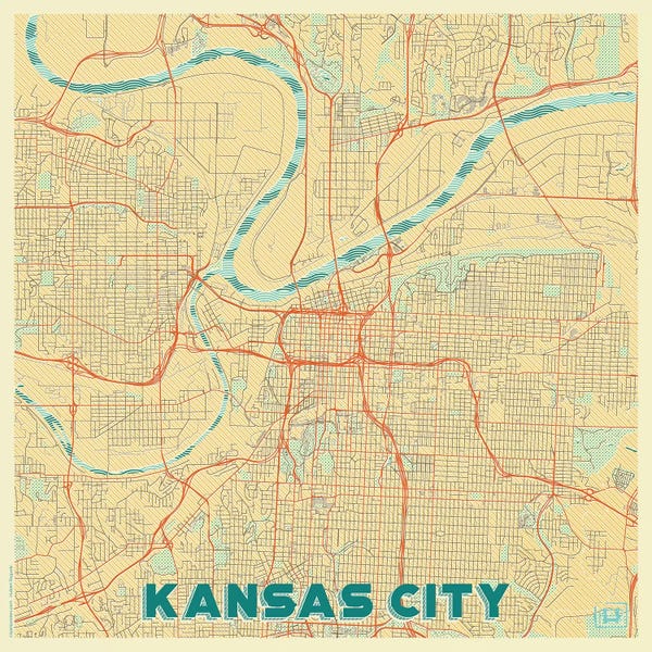 Missouri: Kansas City Retro Urban Blueprint Map by Hubert Roguski
