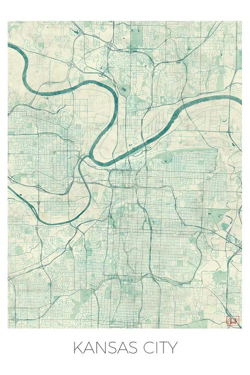 Kansas City Vintage Blue Watercolor Urban Blueprint Map