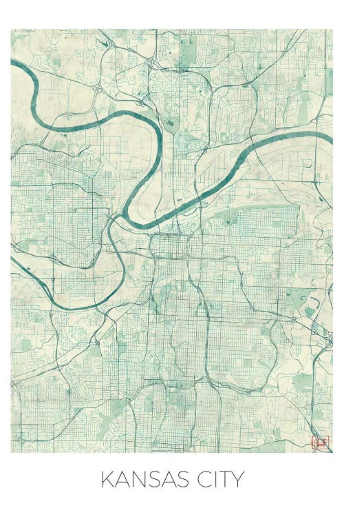 Kansas City Vintage Blue Watercolor Urban Blueprint Map by Hubert Roguski wall art