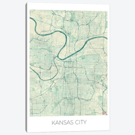 Kansas City Vintage Blue Watercolor Urban Blueprint Map Canvas Print #HUR167} by Hubert Roguski Canvas Art