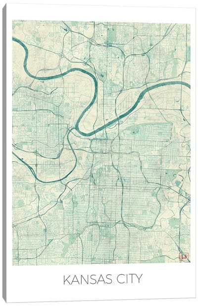 Kansas City Vintage Blue Watercolor Urban Blueprint Map Canvas Art Print - Kansas City Maps