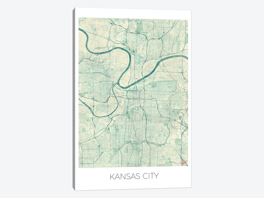 Kansas City Vintage Blue Watercolor Urban Blueprint Map by Hubert Roguski 1-piece Canvas Art