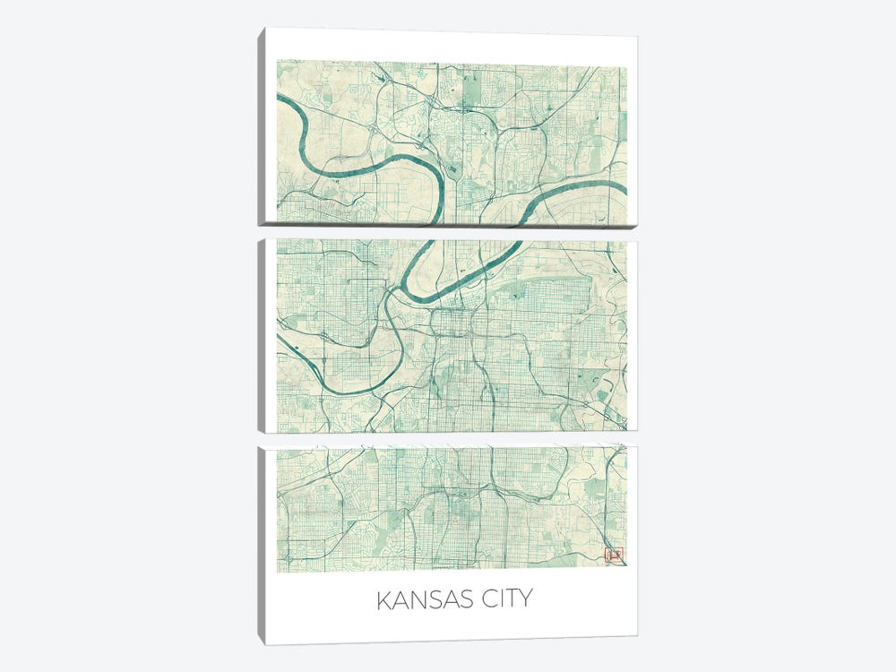 Kansas City Vintage Blue Watercolor Urban Blueprint Map by Hubert Roguski 3-piece Canvas Art