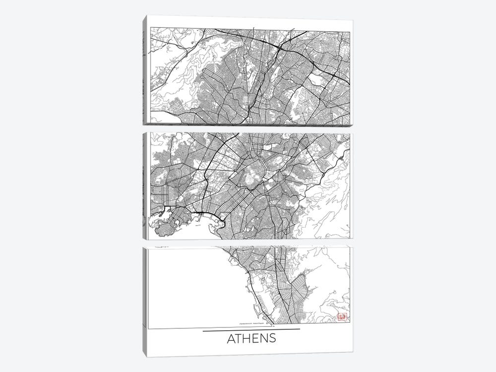 Athens Minimal Urban Blueprint Map by Hubert Roguski 3-piece Canvas Art Print