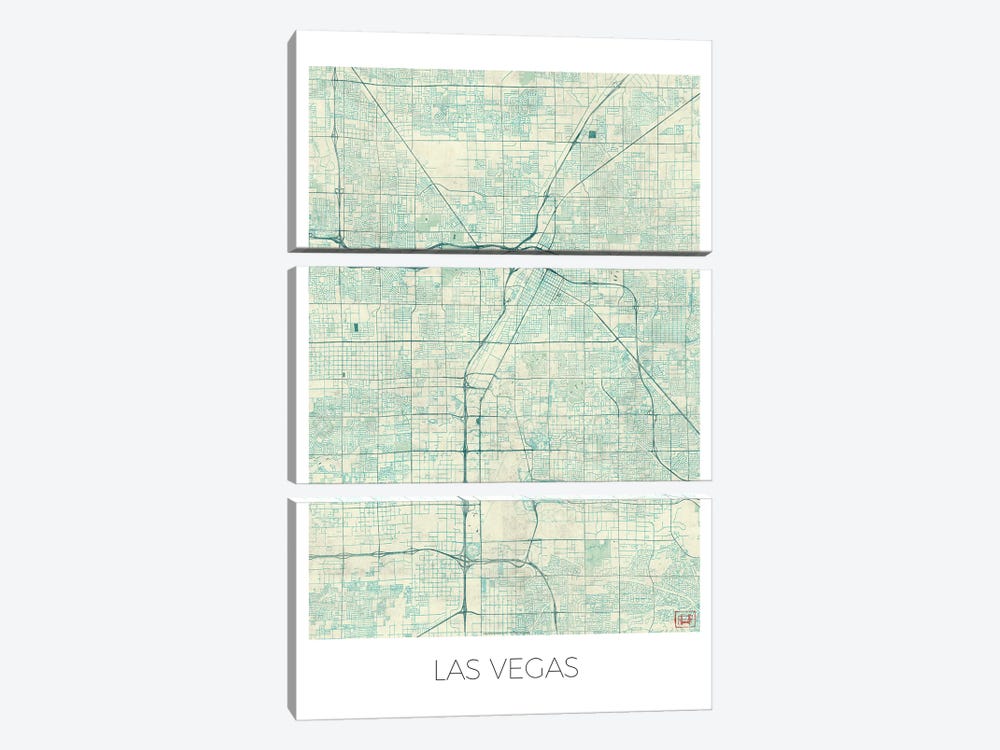 Las Vegas Vintage Blue Watercolor Urban Blueprint Map by Hubert Roguski 3-piece Canvas Wall Art