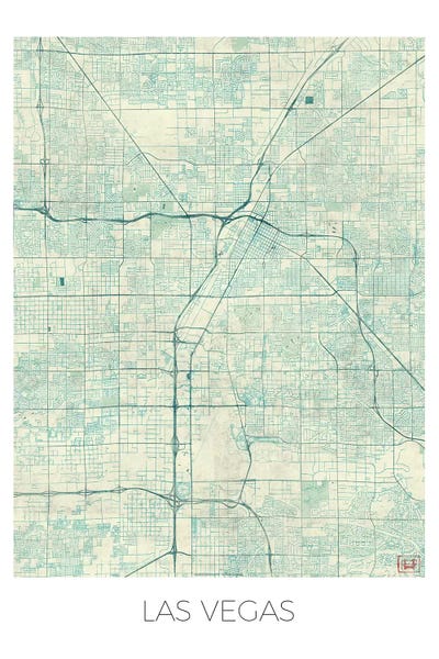 Hubert Roguski: Las Vegas Vintage Blue Watercolor Urban Blueprint Map by Hubert Roguski