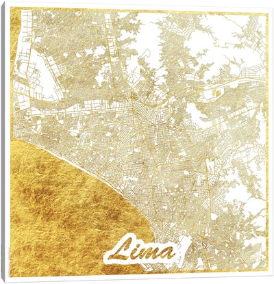 Lima Gold Leaf Urban Blueprint Map Canvas Art Print - Black, White & Gold Art