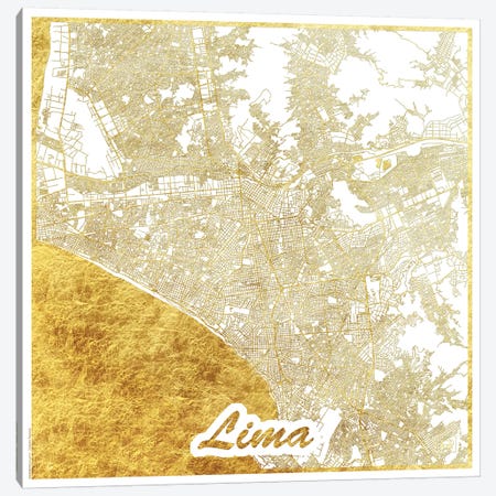 Lima Gold Leaf Urban Blueprint Map Canvas Print #HUR175} by Hubert Roguski Canvas Print