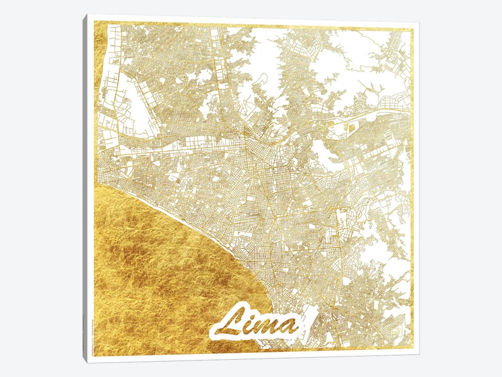 Lima Gold Leaf Urban Blueprint Map by Hubert Roguski 1-piece Canvas Art Print
