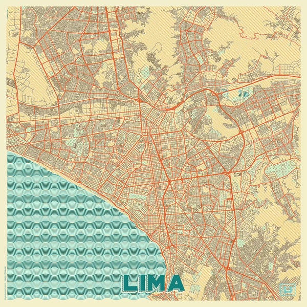 Peru: Lima Retro Urban Blueprint Map by Hubert Roguski