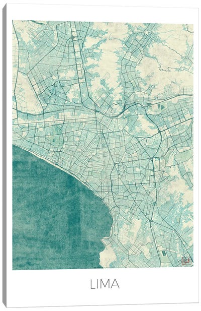 Lima Vintage Blue Watercolor Urban Blueprint Map Canvas Art Print - Hubert Roguski