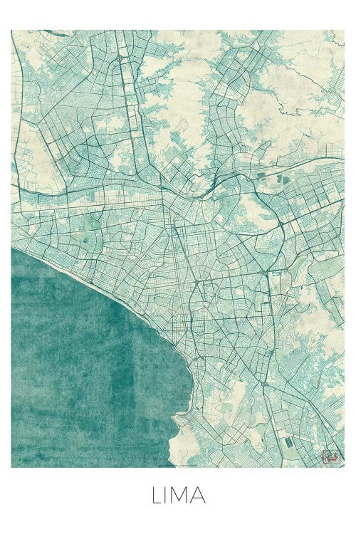 Lima Vintage Blue Watercolor Urban Blueprint Map