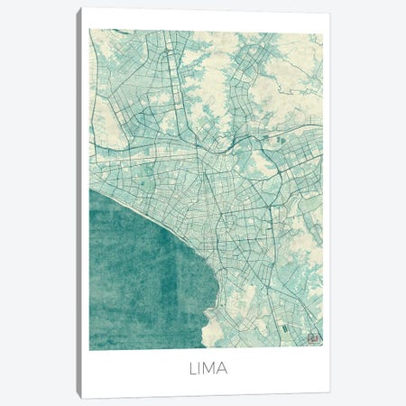 Lima Vintage Blue Watercolor Urban Blueprint Map Canvas Print #HUR179} by Hubert Roguski Canvas Artwork