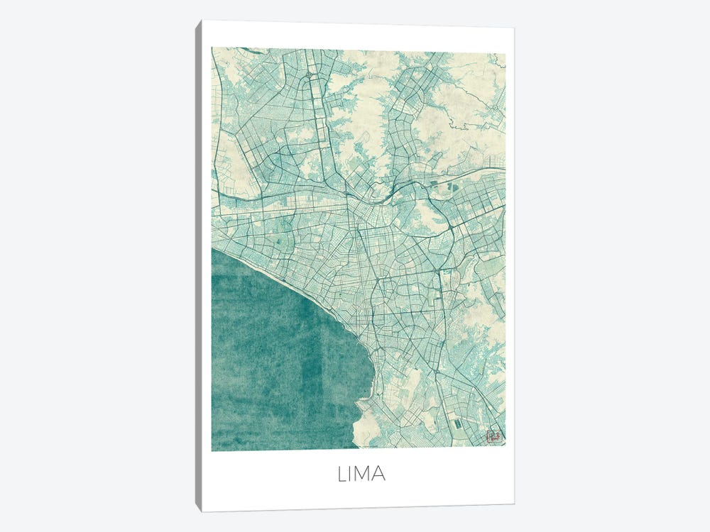 Lima Vintage Blue Watercolor Urban Blueprint Map by Hubert Roguski 1-piece Canvas Print