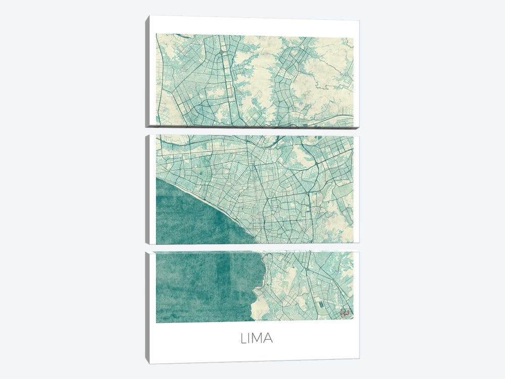 Lima Vintage Blue Watercolor Urban Blueprint Map by Hubert Roguski 3-piece Canvas Art Print